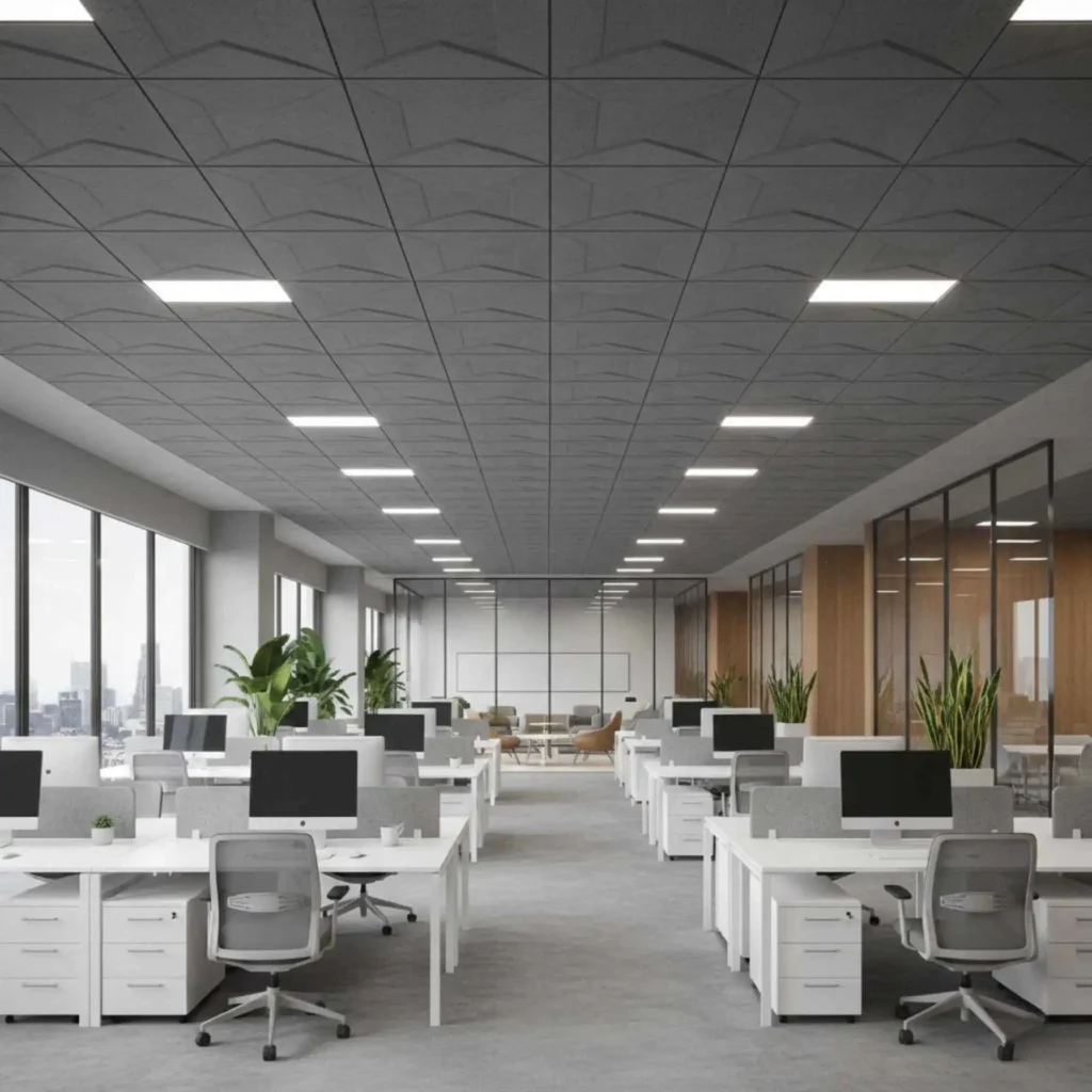 Business office with modern acoustical ceiling tiles