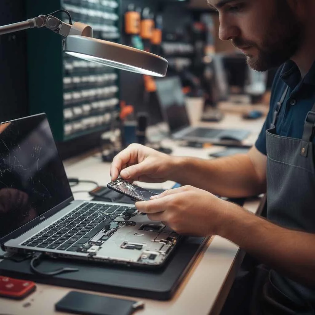 Close-up of a technician replacing a smartphone screen.