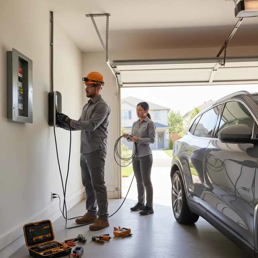 EV charging station installation in a residential garage.