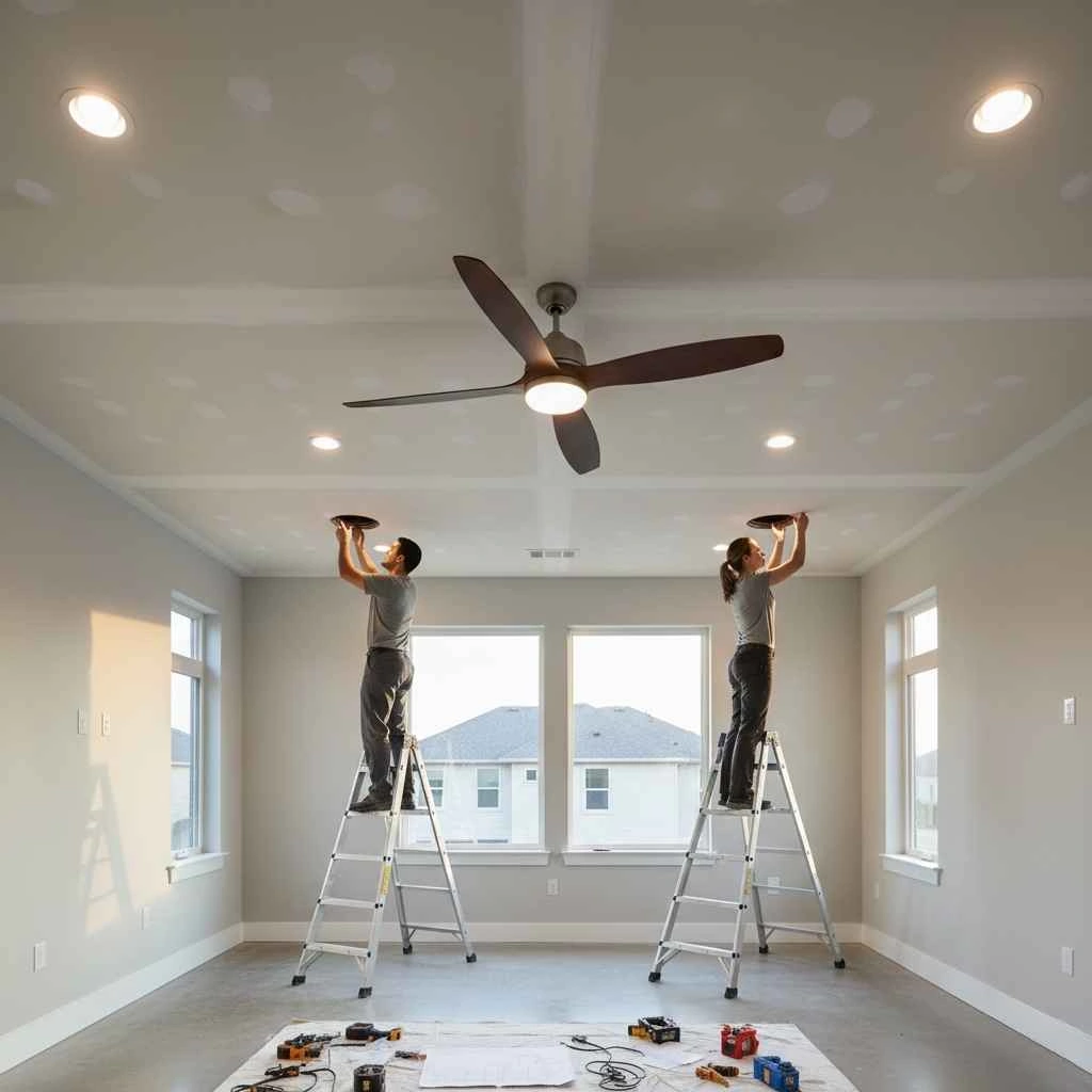 Modern ceiling fan and recessed lighting installation