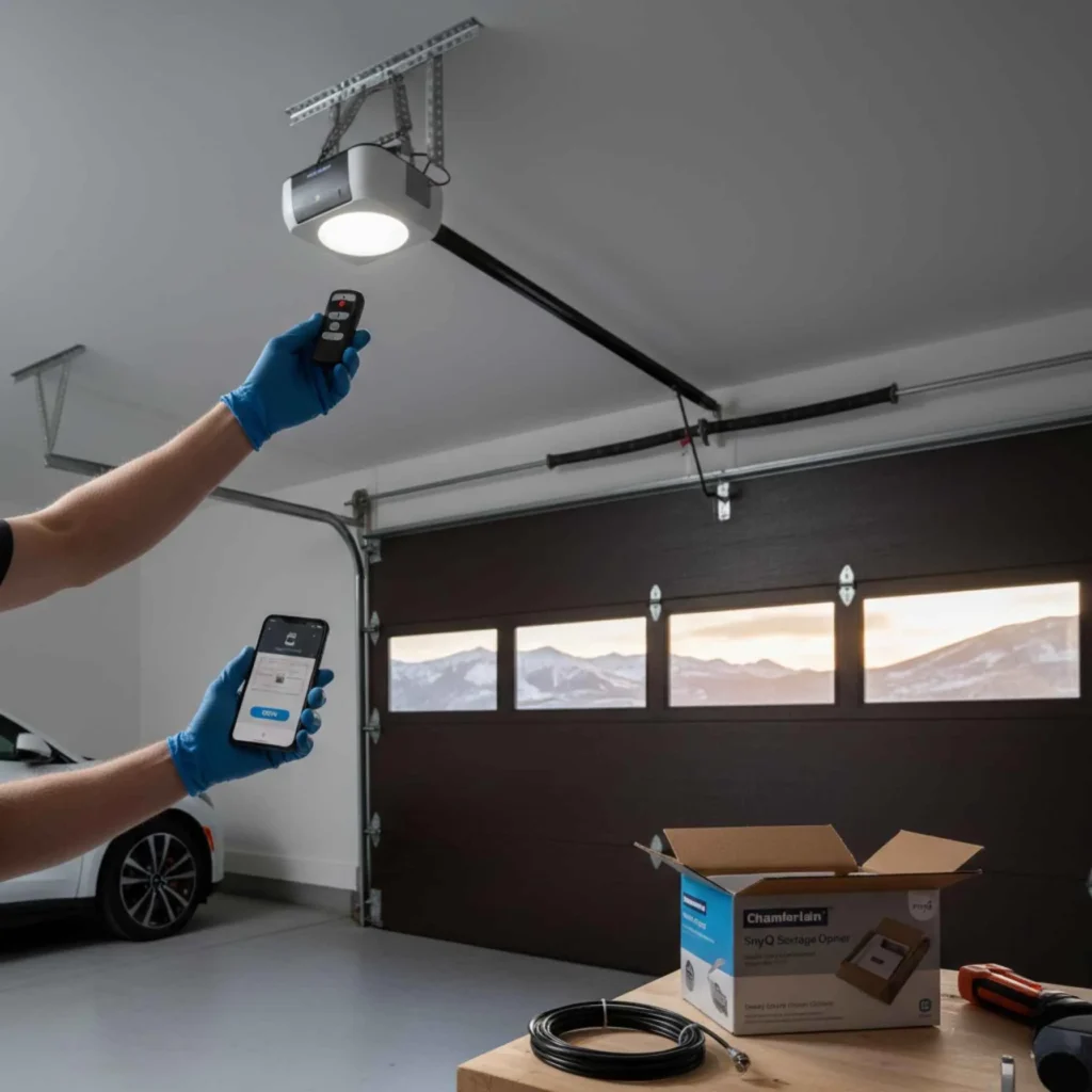 New garage door opener installation with remote