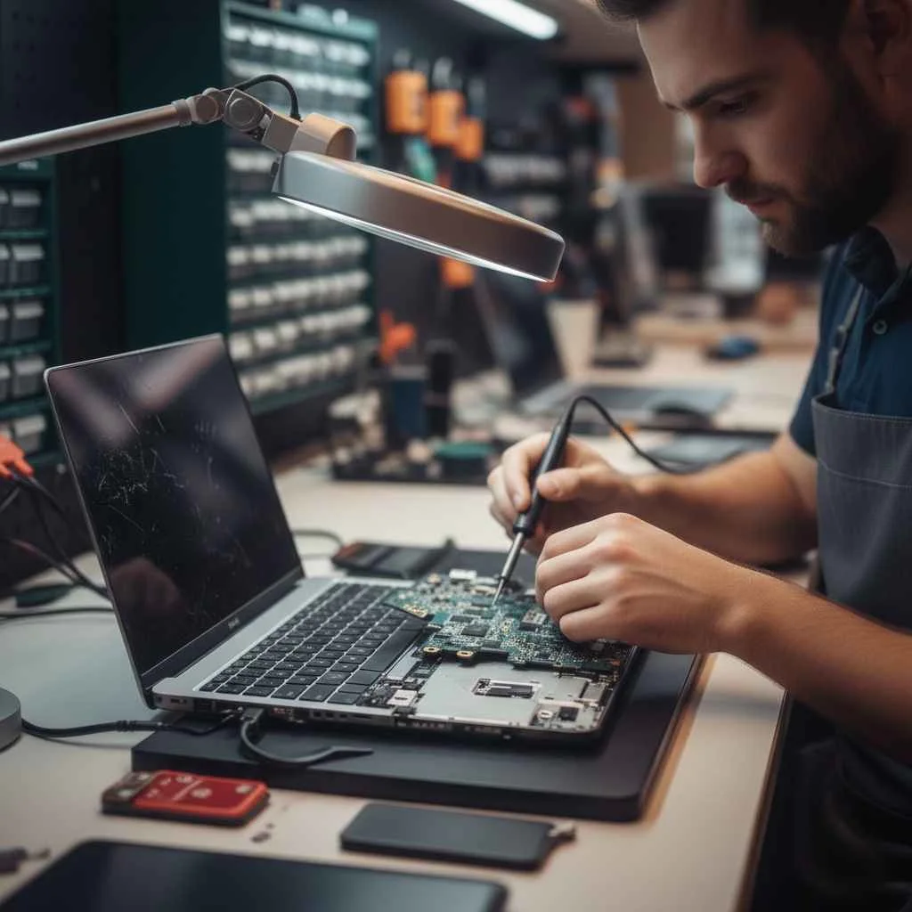 Repair tech working on a laptop motherboard.