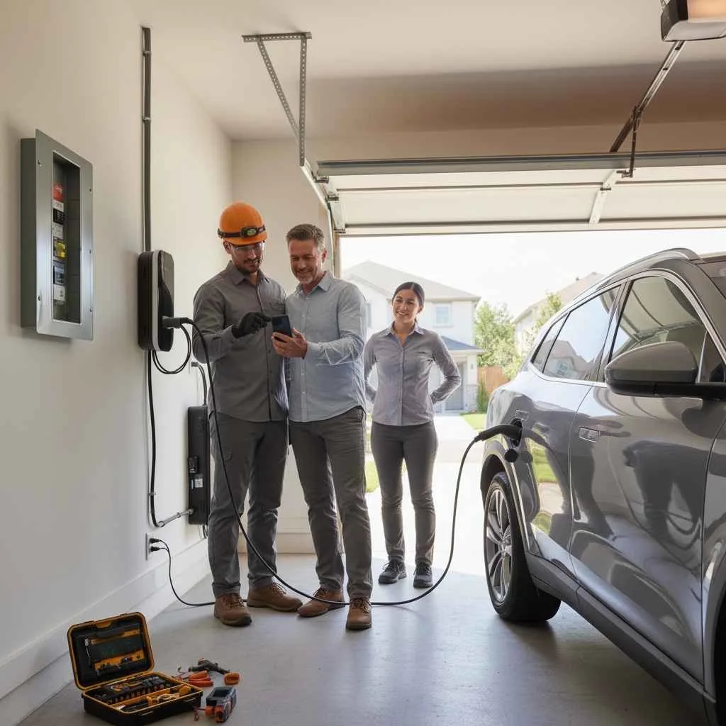 Satisfied homeowner and electrician reviewing completed electrical work.