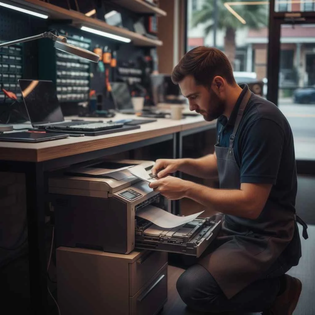 Technician fixing a printer with paper tray open.
